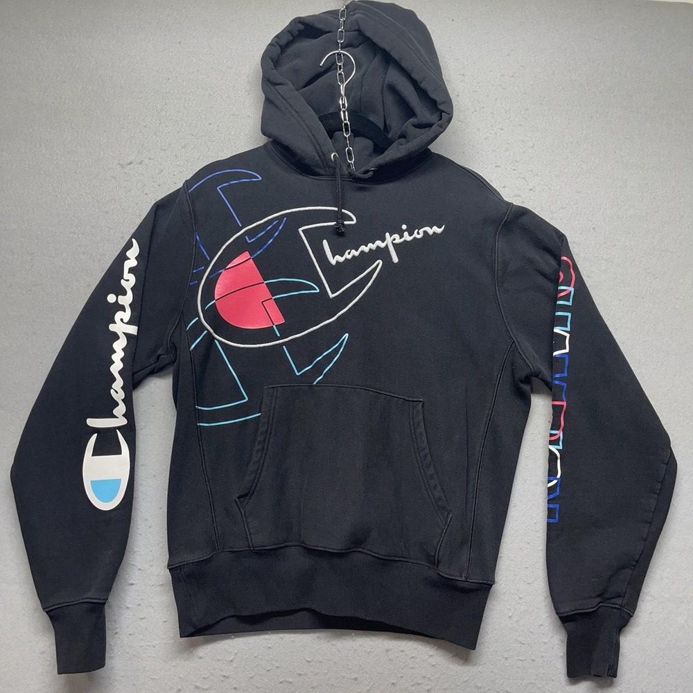 Champion Reverse Weave Hoodie Men's Medium Black Graphic Pullover Sweatshirt